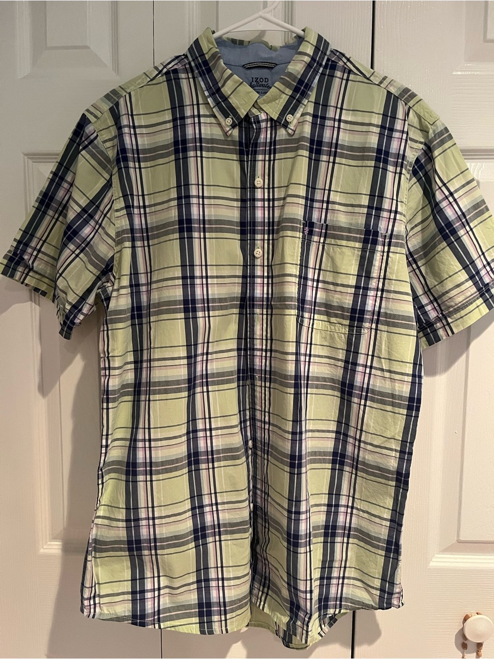 Izod Men’s Short-Sleeve Plaid Button-Down Shirt - Light Green and Navy